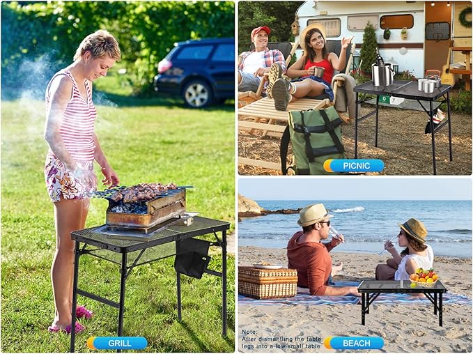 Small Floding Grill Table with Mesh Layer 2 Height Adjustable Portable &amp Lightweight Metal Camping Table for Outdoor Beach &amp BBQ - Compact (2 FT Black)