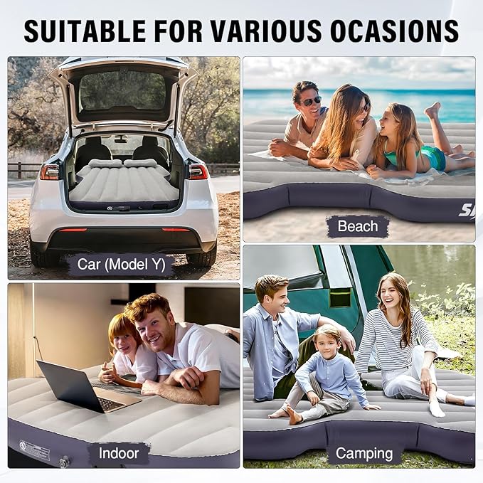 Self-Inflating Car Air Mattress for Tesla Model Y 2025 2024-2020/Model Y Juniper Outdoor Camping Air Bed with 2 Pillows Built-in Pump Air Couch Mat Flocking Air Cushion Model Y Accessories(Beige&ampB