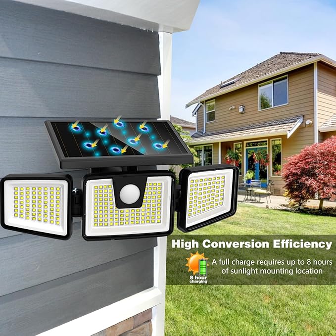 AmeriTop Solar Lights Outdoor 2 Pack 233 LED High Brightness Cordless Solar Motion Sensor Lights 3 Adjustable Heads 270° Wide Angle Illumination IP65 Waterproof Security LED Flood Light(Daylight)