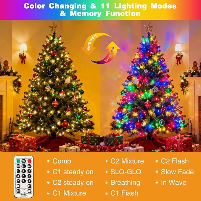 btfarm Color Changing Christmas Lights Outdoor 115FT 300 LED Christmas Tree Lights Indoor with Remote Timer Twinkle String Light Waterproof for Xmas Wedding Party Decor Warm White &amp Multicolor