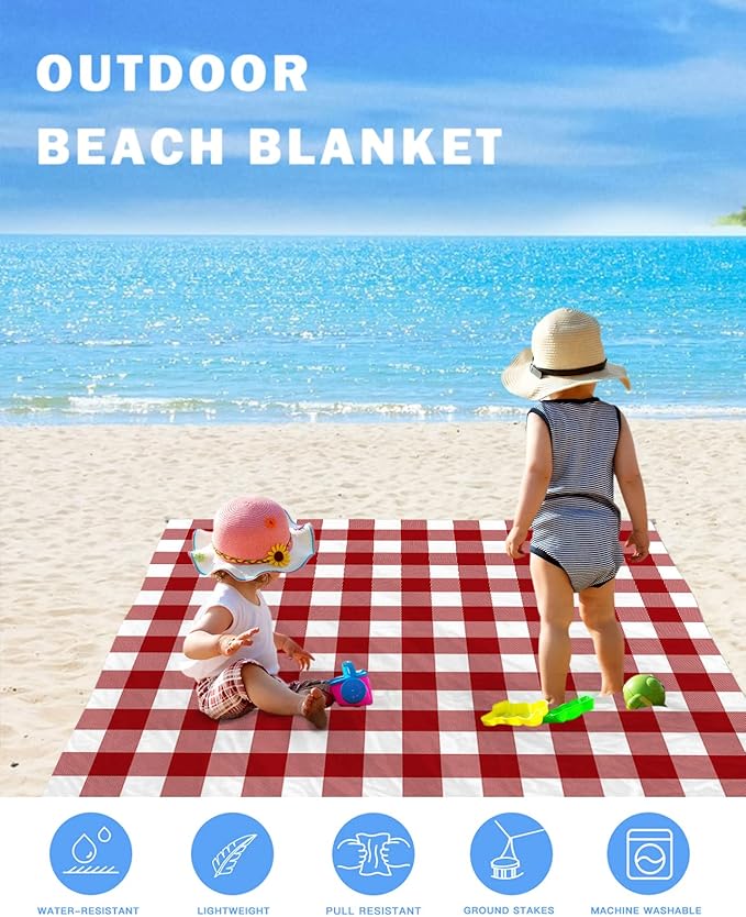 Beach Blanket Waterproof Sandproof Vintage Red White Checker Plaid Quick Drying Beach Mat with 4 Stakes Farmhouse Buffalo Check Lightweight Picnic Blanket for Travel Camping Outdoor 83x79