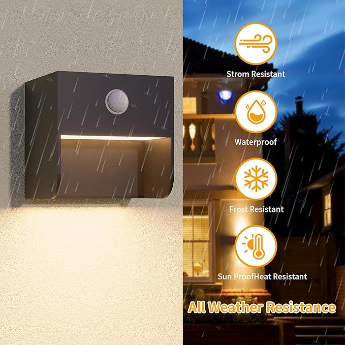 Solar Wall Light Outdoor2-Pack Porch Light Motion Sensor Dusk to Dawn Wall Sconce Waterproof IP54 Exterior Outside Light Fixture for Patio Fence GarageBlack