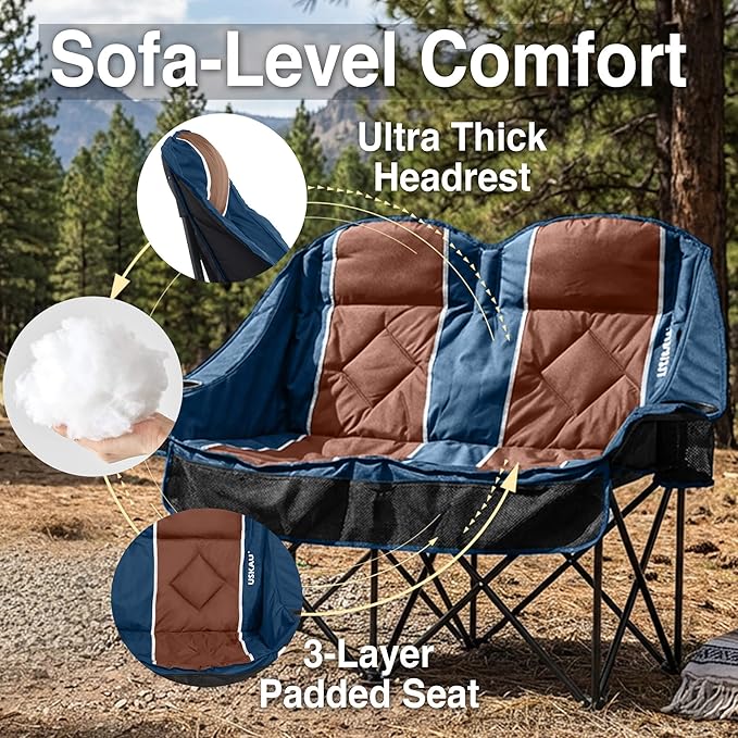 Oversized USLCamping Chair - 2 Person Portable Folding Outdoor Loveseat Heavy Duty Lawn Chairs for Adults with Padded Cushion &amp Dual Cup Holders Supports 660LBS for CampingSportsPicnic