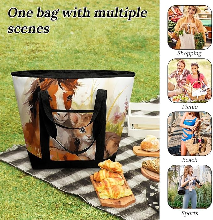 Insulated Shopping BagLarge Reusable Cooler Bags Cute Horse And Cat Printed Foldable Shopping BagTravel Waterproof Shoulder Bag