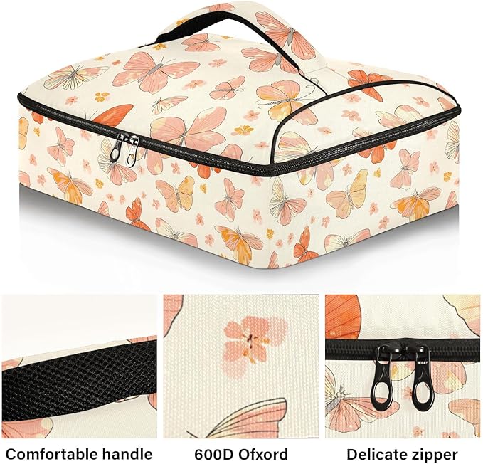 Casserole Carrier Grace Butterflies and Bows PrintInsulated Casserole Carrier for Hot or Cold Food Thermal Lunch Tote for Potluck Parties Picnic Beach Fits 9 x 13 Inches Baking Dish