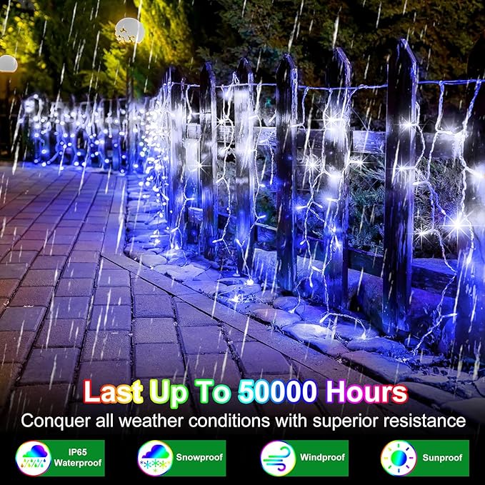 82FT 810 LED Outdoor Christmas Lights - 180 Ice Drops 12 Pro Modes with Timer Memory &amp Brightness Waterproof Hanging Ice String Light for Holiday Wedding Garden Fence House Decor (White &amp Bl