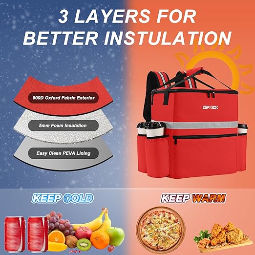 Food Delivery Backpack - Insulated Pizza Bag for Delivery Bike with 4 Cup Holders Large Leakproof Hot/Cold Delivery Bags for Uber Eats Doordash Postmates - Red