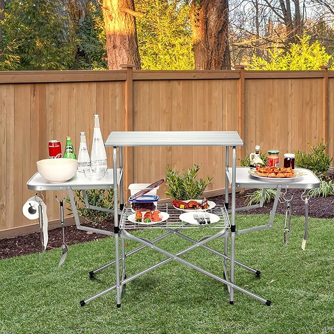 Tangkula Folding Grill Table Aluminum Camping Kitchen Table with Cook Station Hooks Portable Camp Cook Table with Storage Organizer Shelves Carrying Bag Ideal for Picnic BBQ Party Outdoor