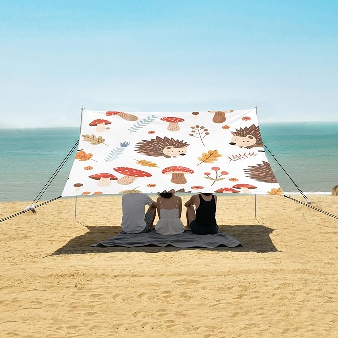 Cute Hedgehogs and Forest Mushrooms Camping Sun Shelter Beach Tent Portable Beach Sun Shade Outdoor Canopy for Camping Trips Fishing Picnic