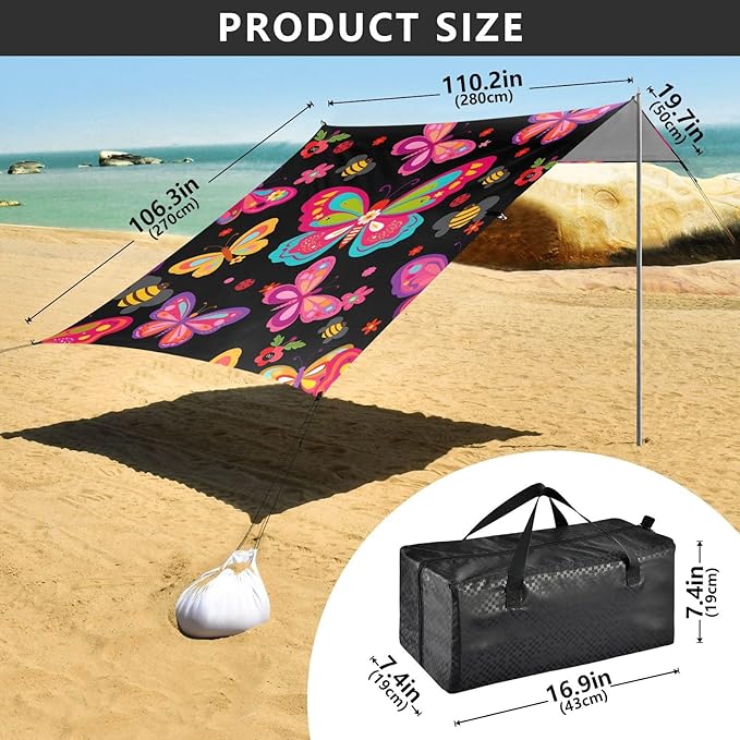 Bolaz Beach Canopy Tent Sun Shade9'×10.5' Large Family Beach Shade UPF50+- Outdoor Shade for Camping Trips FishingBeautiful Butterfies Pattern