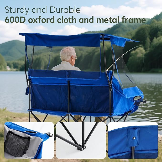 Outdoor Folding Chair with Umbrella Camping Chairs Loveseat Double Oversized Outdoor Chair with Cup Holder&ampCanopy Shade for BBQ Beach Fishing Easy Fold and Carry (Blue+Grey)