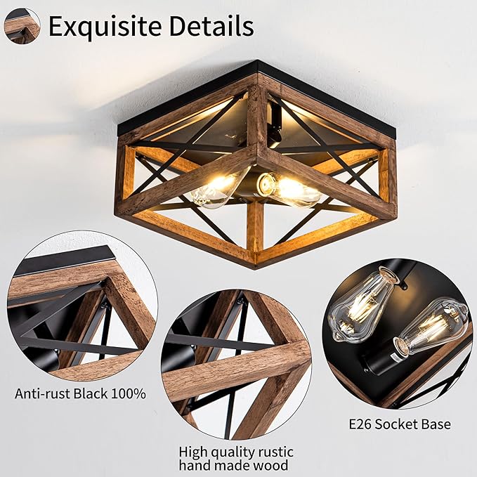 Flush Mount Ceiling Light Fixture for Kitchen Hallway 2-Light Close to Ceiling Light with Black Metal and Wood Design Rustic Farmhouse Ceiling (Bulb not Included)