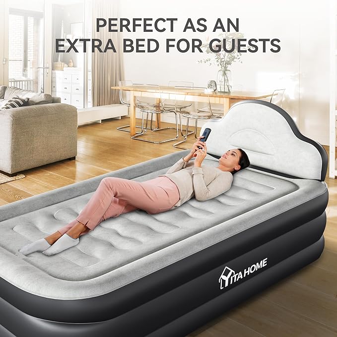 YITAHOME Twin XL Size Air Bed with Integrated Pump and Headboard 18-inch Blow-Up Mattress Including Extra Inflation Valve Carry Bag and Repair Kit Ideal for Travel Camping and Guest (Black)