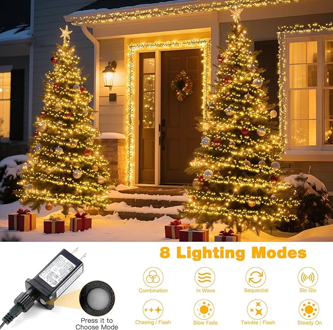 1000 LED 50FT Cluster String Lights Outdoor Warm White Waterproof Christmas Tree Firecrackers String Lights with 8 Modes &amp Timer Plug in Twinkle Fairy Lights Decor for Indoor Xmas Party Bedroom