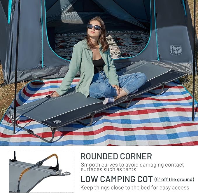 TIMBER RIDGE 20-Second Quick Set-Up Camping Cot Lightweight Aluminum Folding Cot with Zipper Closure Portable Carry Bag Included for Camping Travel and Outdoors Support up to 225lbs Grey