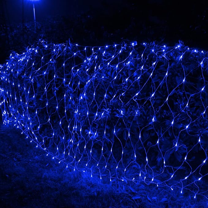 Joomer Christmas Net Lights - 12FT x 5FT 360 LED Plug-in Mesh Lights Waterproof with 8 Modes Timer Connectable for Bushes Trees Garden Outdoor Christmas Decor (Clear Wire Blue)