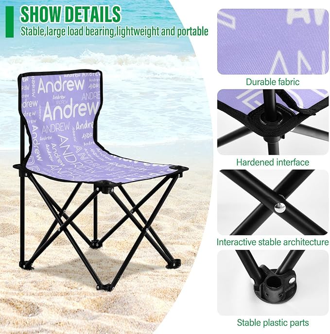 Sinestour Lilac Custom Folding Camping Chair for Teen Child Personalized Name 14.6×14.6in Portable Outdoor Chair with Carry Bag for Picnic Barbeques Beach