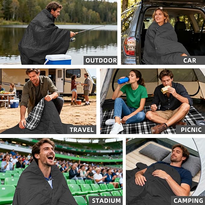 Large Outdoor Waterproof Blanket Extra Thick Fleece Stadium Blanket for Camping Car Pet Picnics - Windproof Wearable Machine Washable 80 x 58 (Black Check)