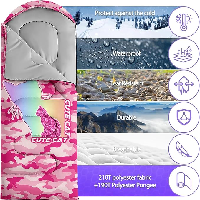 Sleeping Bags for Adults Youth Kids3D Printing Camping Sleeping Bag for Girls Boys Lightweight Waterproof Cold/Warm Weather Sleeping Bag for 3 Seasons