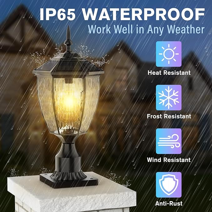 Solar Post Lights with Pier Mount Base 17.3'' H 2700K Solar Lamp Post Light Waterproof Dusk to Dawn Pole Lights Outdoor for Garden Patio Yard Pathway Gate Remote Control Black(Warm White)