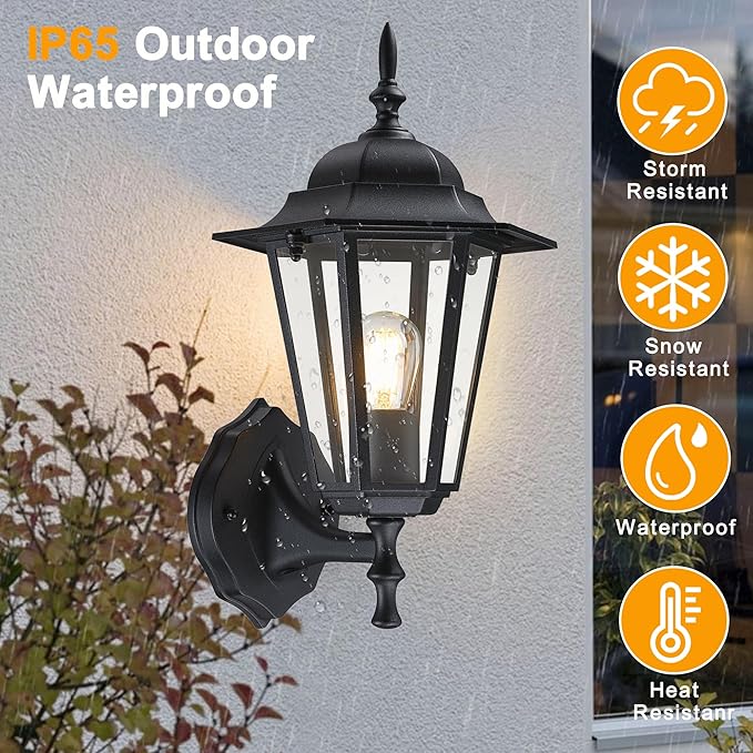 Outdoor Wall Lantern Wall Sconce as Porch Lighting Fixture E26 Base 60W Max Aluminum Housing Plus Glass Wet Location Rated Bulbs not Included Matte Black 2 Pack