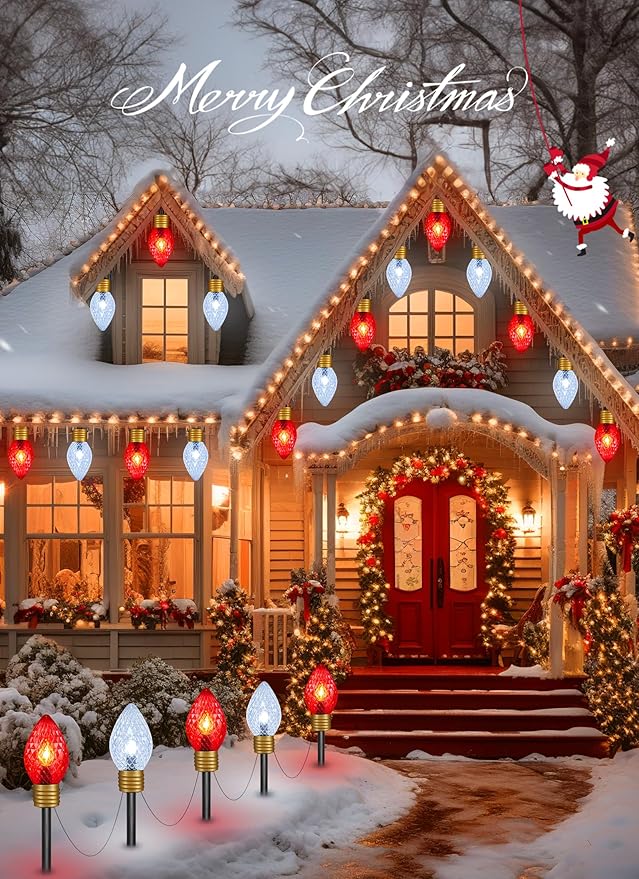 Brightown Solar Strawberry Jumbo Christmas Lights Outdoor - 18FT 10 LED Jumbo C9 Christmas Pathway Lights with Timer8 Modes Solar Christma Outdoor Decorations for Lawn Outside Red &amp Pure White