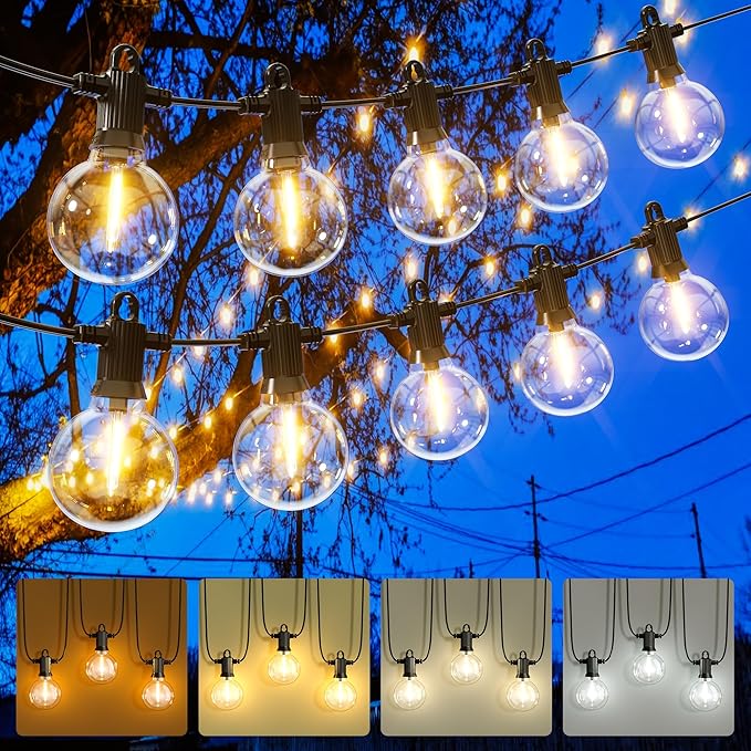 Outdoor String Lights 100FT 4-Color LED Patio Lights with 50 Shatterproof G40 Globe Bulbs Waterproof Hanging Lights for Outside Backyard Porch Balcony Gazebo 2700K/3000K/4000K/6000K