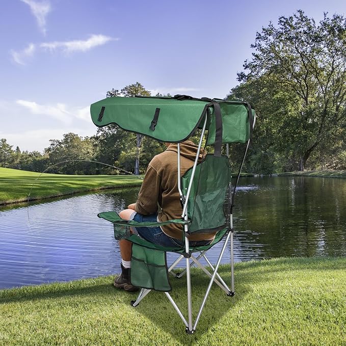 Portable Camping Chair with Canopy Shade - Folding Lounge Chair with Cup Holder &amp Side Pocket for Outdoor Camping Fishing Beach - Support 330 LBS - Green - 2 Pack