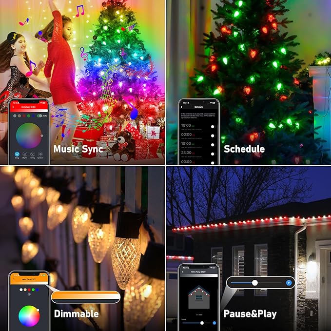 Probro Smart C9 LED Christmas Lights Outdoor 134FT 150 LEDs App Control 105+ Lighting Modes Music Sync Dimmable IP65 Waterproof Connectable String Lights for Yard Patio Roofline Decor
