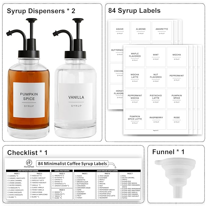 Glass Syrup Pump Bottle Dispenser for Coffee Bar Accessories with 84 Labels (Set of 2) 16.9 oz Matte Black