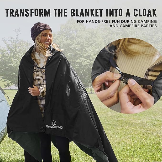 AlphaBeing Waterproof Outdoor Blanket with Merino Wool Extra Thick Warm Windproof Packable Stadium Blankets for Cold Weather Camping Gift Pet Car Picnic Concerts 79 x 59 Black/Gray