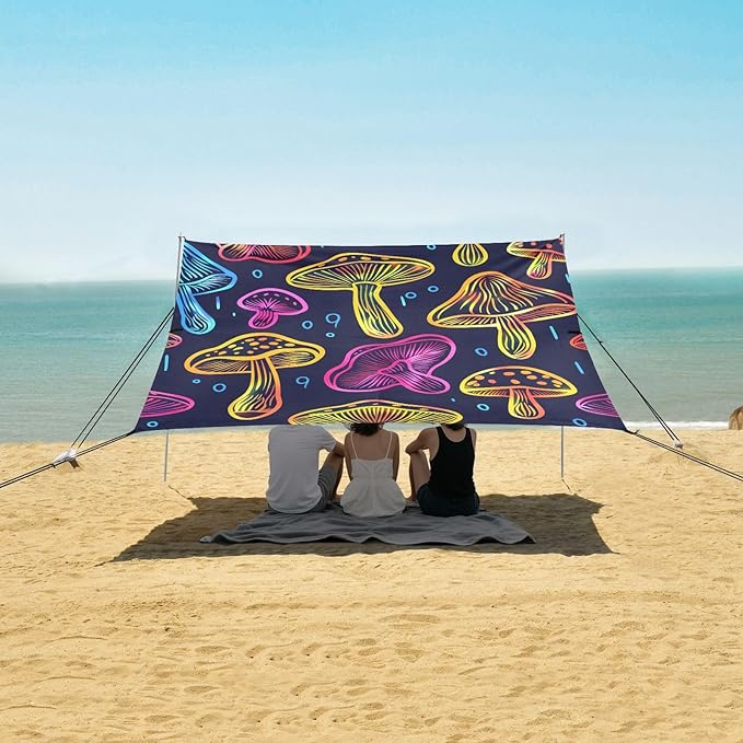 Neon Print Seamless Mushrooms Camping Sun Shelter Beach Tent Portable Beach Sun Shade Outdoor Canopy for Camping Trips Fishing Picnic