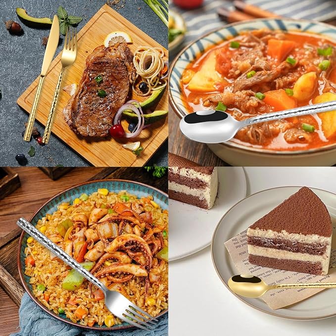 50-Piece Gold Hammered Silverware Flatware Cutlery Set Service for 10304 Thickened Stainless Steel Cutlery KnifeFork and Spoon SetDishwasher SafeGift Package for Wedding Housewarming