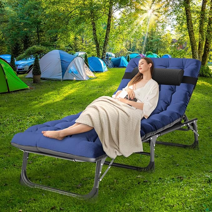 NAIZEA Folding Camping Cot &amp Lounge Chair - Adjustable Reclining Portable Outdoor Chaise for Pool Beach &amp Patio Sunbathing