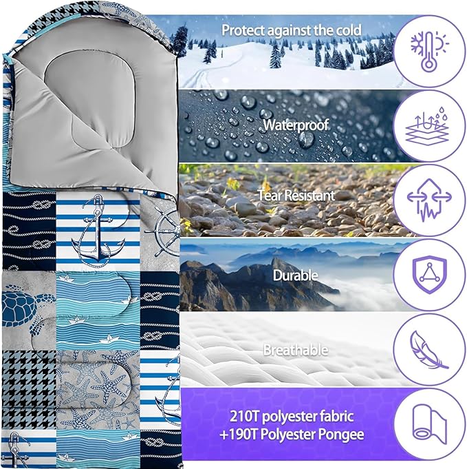Sleeping Bags for Adults Youth Kids3D Printing Camping Sleeping Bag for Girls Boys Lightweight Waterproof Cold/Warm Weather Sleeping Bag for 3 Seasons