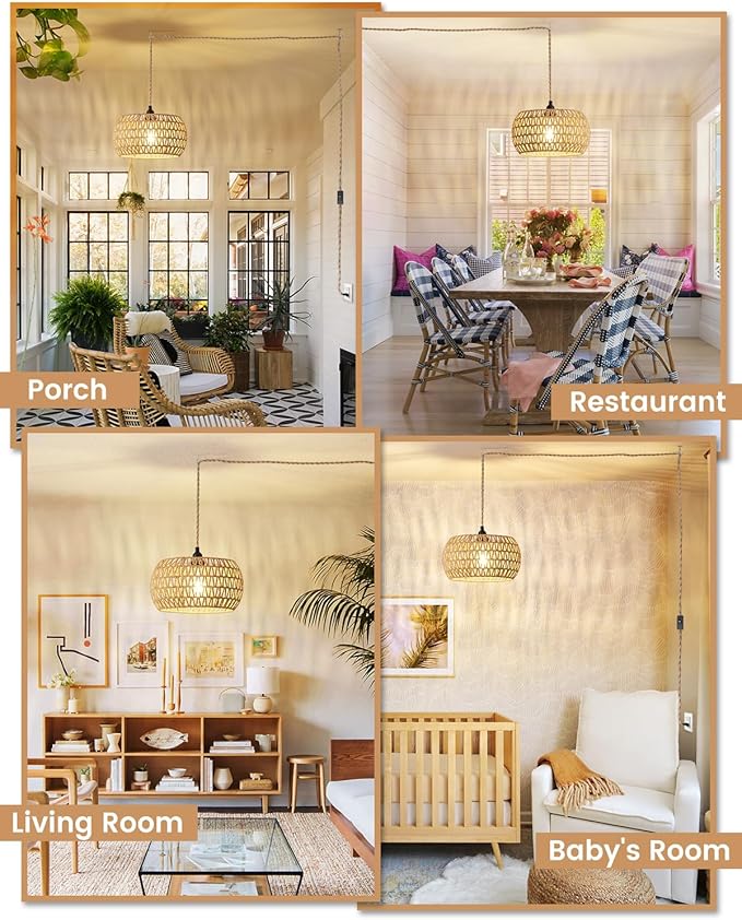 Rattan Boho Hanging Light12.6'' Natural Hand Woven Fabric Drum LightPlug Into Wall Outlet Pendant Light Fixture On/Off Switch for DiningLiving RoomBedroomKitchenHallway Entryway Without Bulb