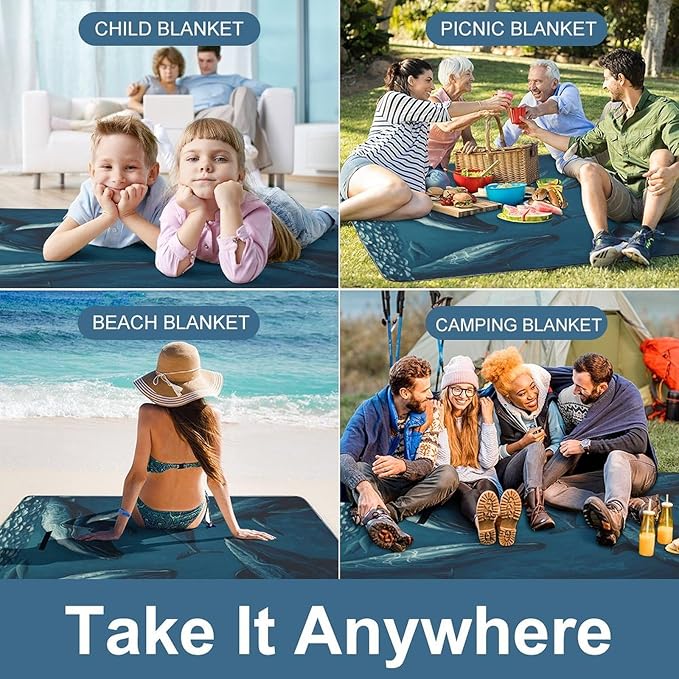 Ocean Whale Beach BlanketPortable Waterproof Picnic Blanket58.3''x 58.3'' Extra Large Picnic Mat for BeachCamping Grass Lawn Park Accessorie for Festival BBQ
