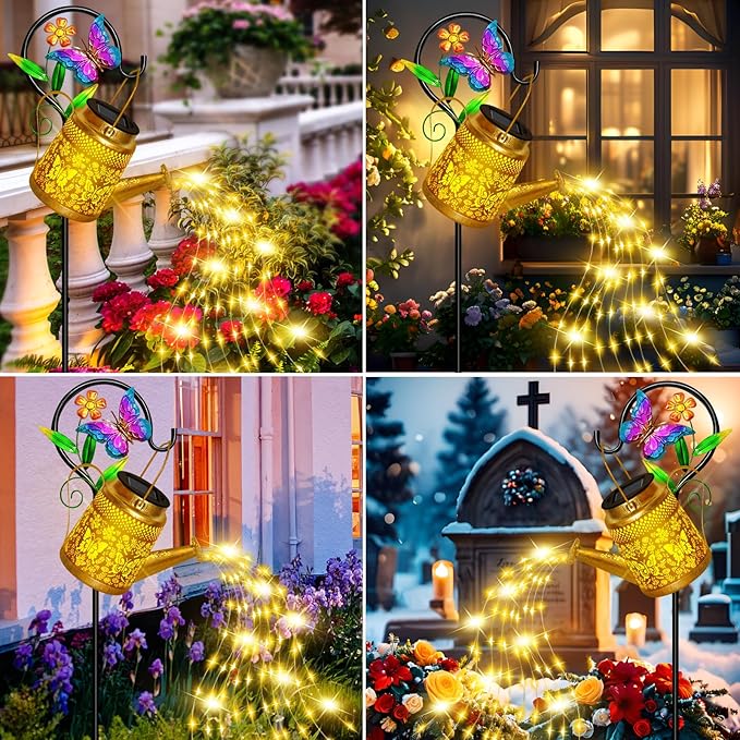 Butterfly Solar Watering Can Lights Outdoor Waterproof Garden Lanterns with Shepherd Hook Solar Garden Decor for Yard Outdoor Landscape Pathway Gift for Women Mom GrandmaChristmas Gifts 2 Pack