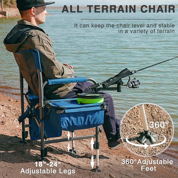 EVER ADVANCED Fishing Chair with Rod Holder and Cooler All Terrain Ice Fishing Chair with Adjustable Feet Mesh Back Folding Camping Chair with Shoulder Strap Heavy Duty Supports 350LBS