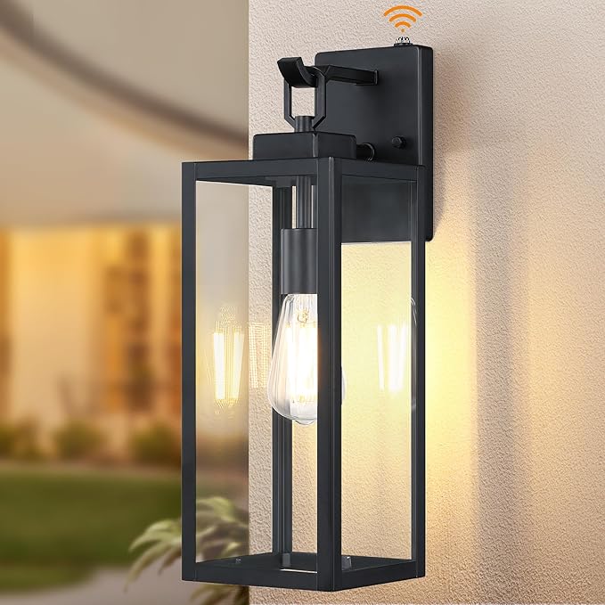 GRUENLICH Dusk to Dawn Outdoor Wall Light Fixtures 18 Inch Black Exterior Waterproof Porch Sconce Lighting E26 Socket &amp Tempered Glass Double Extra Large Size Wall Lantern for Patio Garage 1-P