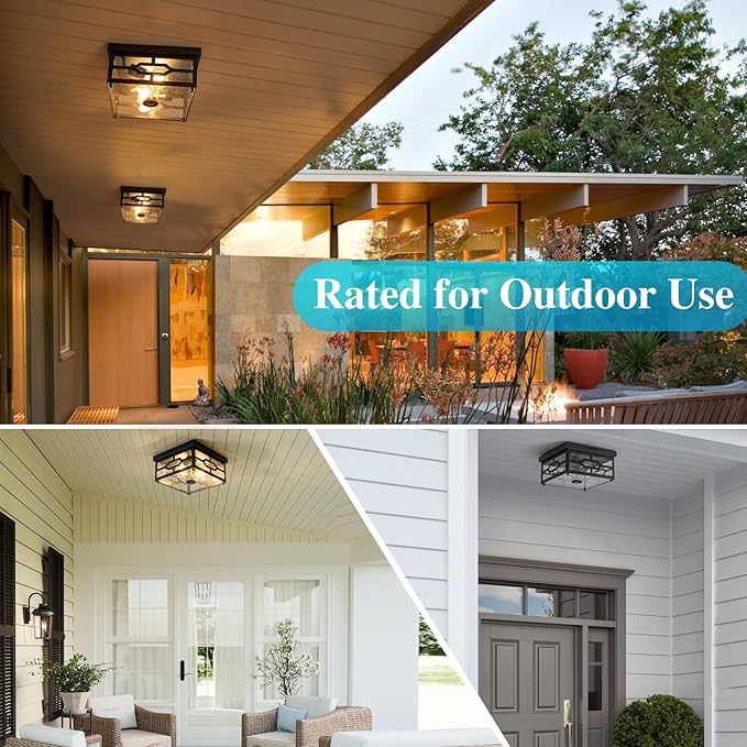 Outdoor Ceiling Light with Motion Sensor Flush Mount Squares Porch Light 2-Light Dusk to Dawn Ceiling Lights Fixture with Clear Glass for Entryway Farmhouse Garage Front and Back Yards Black