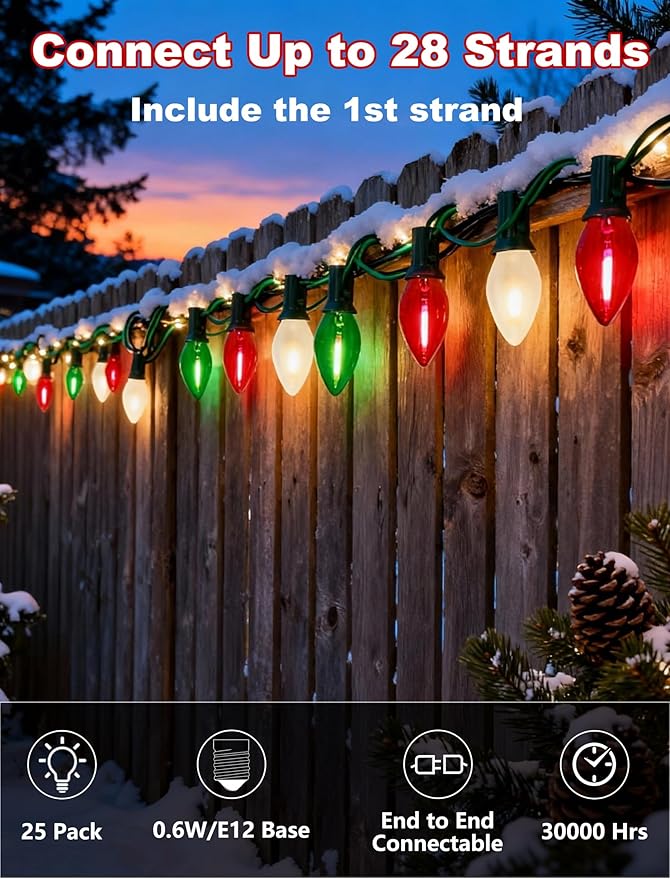 25FT Red Green White Christmas LightsMulticolor LED C7 Christmas String Lights with 27 LED BulbsDimmable Hanging Lights Candle for Outside Porch Garden Roofline Party Decor