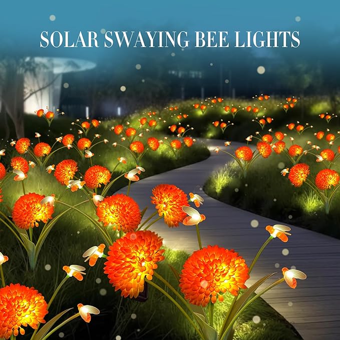 Solar Garden Lights 4 Pack Solar Swaying Bee Lights with Flowers Waterproof Firefly Light Outdoor for Garden Patio Yard Pathway Fall Decoration Gifts for Women Mother's Day