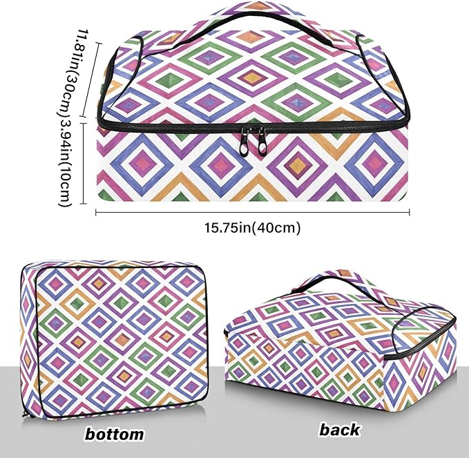 Casserole Carrier Colorful Triangles and Squares in Purple Insulated Casserole Carrier for Hot or Cold Food Thermal Lunch Tote for Parties Picnic Travel Carry Bag