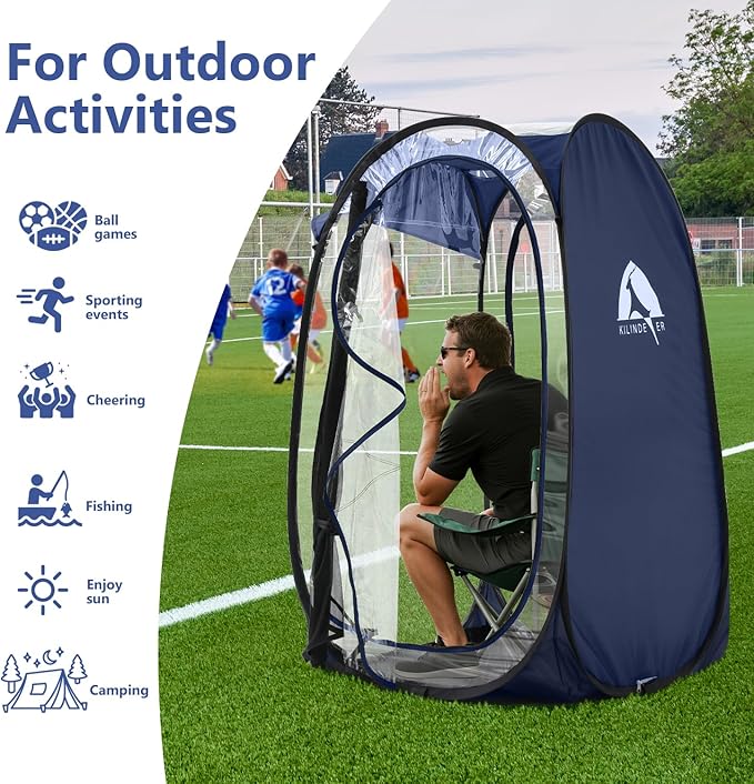 Sports Pod Kilindeer Pop Up Weather Tent for 1 Person – Portable All-Weather Shelter with Clear TPU Panels Instant Setup for Outdoor Events Camping Hiking Wind &amp Rain Protection