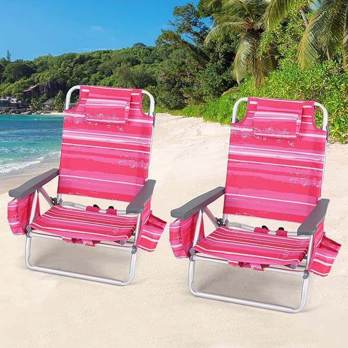 Goplus Beach Chair Folding Backpack Beach Chairs for Adults with 5 Positions Head Pillow Cooler Bag Towel Bar Cup Holders Sunbath Sling Tanning Lounge Foldable Layout Camping Chairs