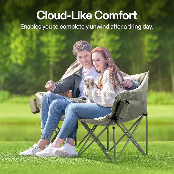VIVOSUN Double Camping Chair Fully Padded Folding Loveseat Oversized Duo Chair with Cup &amp Wine Glass Holders Pocket Armrests &amp Carry Bag
