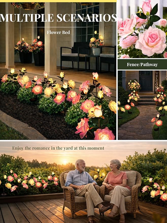 GIGALUMI Solar Lights Outdoor for Garden Decor 4 Pack Solar Flower Lights Waterproof 2 Lighting Modes 12 Roses for PathwayYard Patio Decoration Gardening Gifts for Women (Pink+Yellow)