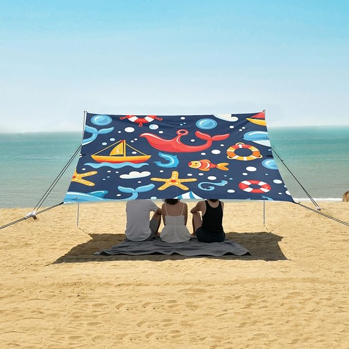 Nautical Seamless Pattern Camping Sun Shelter Beach Tent Portable Beach Sun Shade Outdoor Canopy for Camping Trips Fishing Picnic