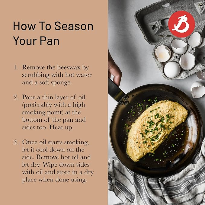 de Buyer MINERAL B Carbon Steel Omelette Pan - 11” Diameter 8.3” Cooking Surface - Naturally Non-Stick Finish - Made in France